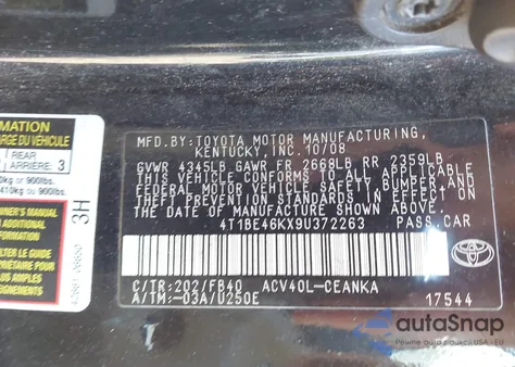 2009 Toyota Camry z USA, uszkodzony, nr VIN 4T1BE46KX9U372263